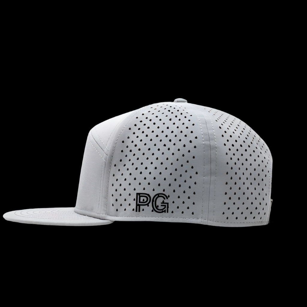 White Puro Golf Hat. 7-Panel Laser Perforated Performance Trucker (Pre Order)