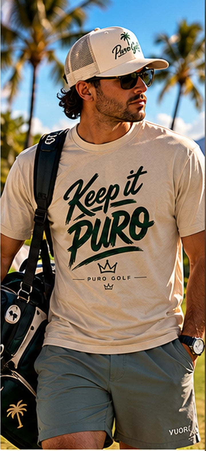 A man wearing a beige graphic t-shirt with 'Keep it PURO' printed in dark green, paired with gray golf shorts and a white trucker hat. He is carrying a black and white golf bag, set against a sunny outdoor background with palm trees and blue sky.