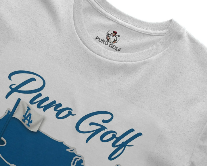 Gray t-shirt with blue 'Puro Golf' label and logo.