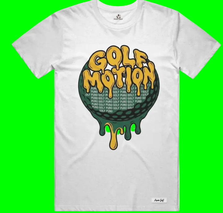 White t-shirt with 'Golf Motion' graphic design on a white background