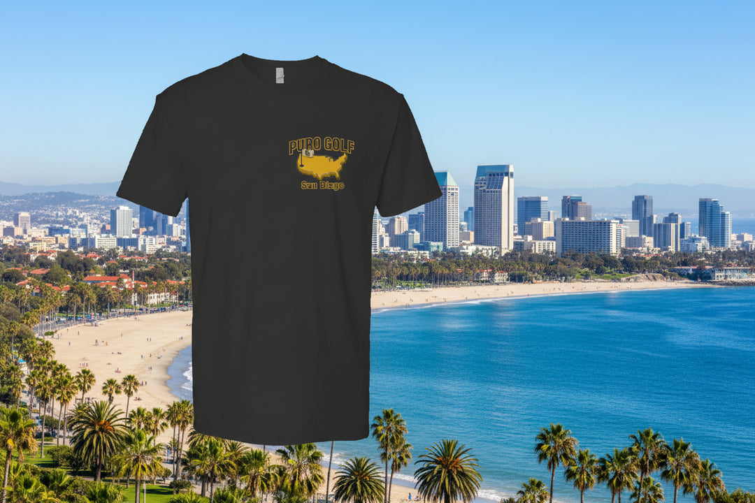 Black t-shirt with yellow Masters Logo with SD flag graphic  
