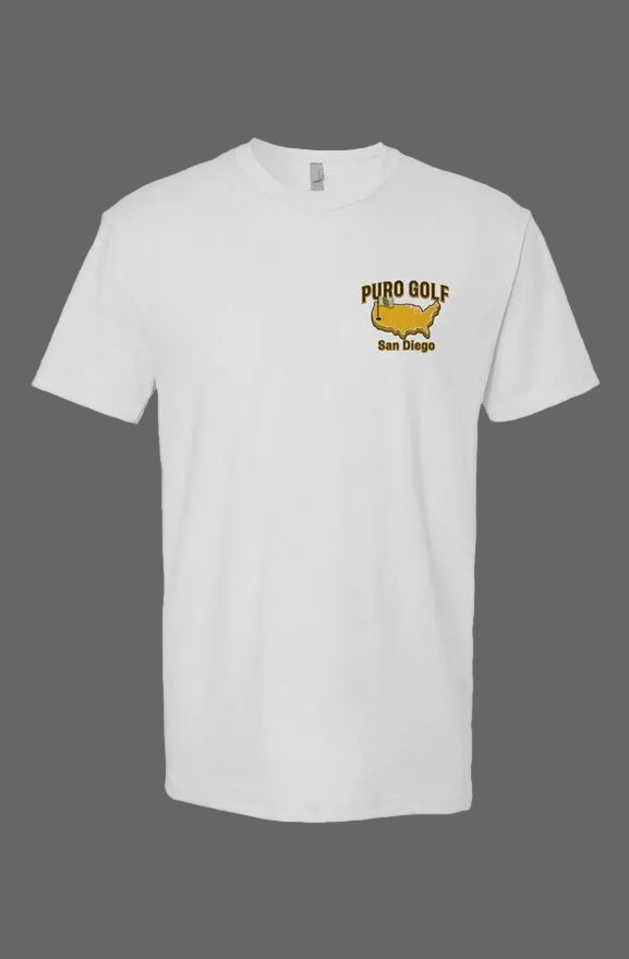 White t-shirt with 'Puro Golf San Diego' logo for the masters